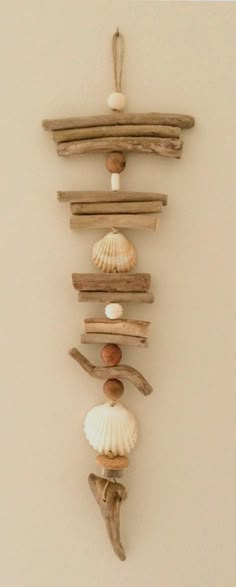 a wall hanging made out of driftwood and seashells