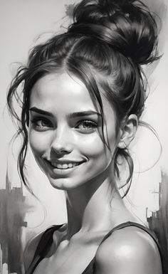 a black and white drawing of a smiling woman with her hair in a high bun