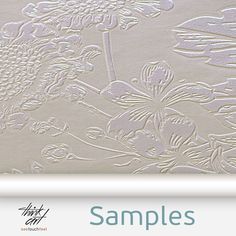 a white wallpaper with flowers and dragonflies on it's side, as well as the words samples