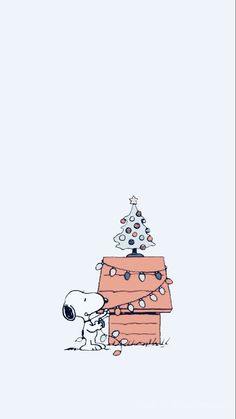 a charlie brown christmas card with a tree on top and a dog in the middle