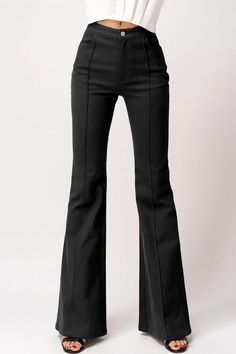 Specifications: Wide Flare Bootcut Denim Style High Rise Center seam Single Button Zipper close 97% Cotton 3% Spandex Sizing: Small 2-4 Medium 6-8 Large 10-12 Inseam 34"-36" Black Work Pants Women, Flared Black Pants, Luxury Wide-leg Flare Jeans For Women, Edgy Fitted Full-length Flare Jeans, Black Full-length Flare Jeans, Fitted Flare Pants With Button Closure, Non-stretch Flared Hem Pants, Flare Black Pants, Black Denim Pants