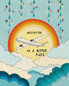 an airplane flying in the sky with stars above it and text moving on to a better place