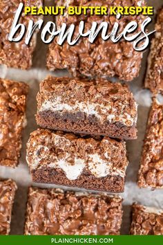 peanut butter krispie brownies are stacked on top of each other with the words, peanut butter krispy brownies