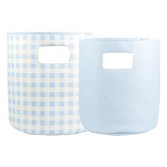 two blue and white checkered storage baskets