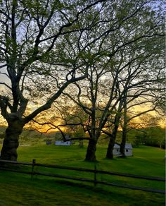 the sun is setting behind some trees in a grassy area with a fence and houses