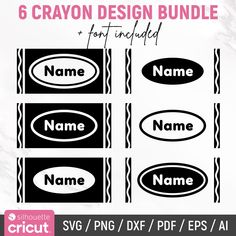 6 crayon design bundle with name and oval stickers in black on white