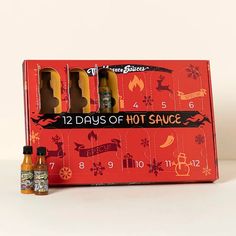 the 12 days of hot sauce gift set is in its original box and includes four bottles