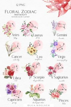 the zodiac sign with flowers and their names in pink, green, purple and red colors