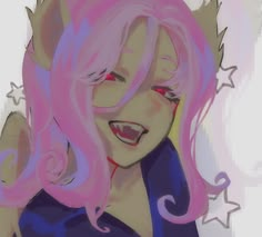 a drawing of a woman with pink hair and stars around her neck, smiling at the camera