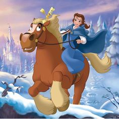 an animated image of a woman riding on the back of a horse in front of a castle