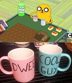 two coffee mugs sitting on top of a stove next to each other with the words cool guy written on them