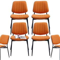 six orange chairs sitting next to each other on top of a white surface with black legs