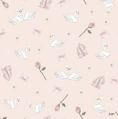 a pink background with swans and flowers