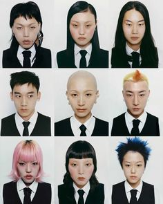 six different images of people in suits and ties with hair dyed to look like aliens