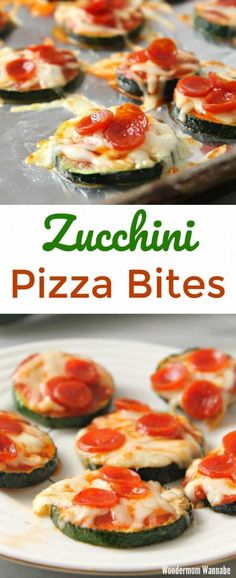 zucchini pizza bites on a white plate with the title in green overlay