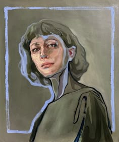 an oil painting of a woman's face and shoulders, with blue lines in the background