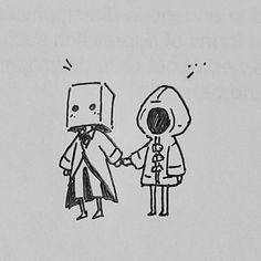 a drawing of two people holding hands with one person wearing a hoodie and the other in a trench coat