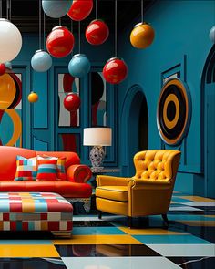 a living room filled with colorful furniture and lamps