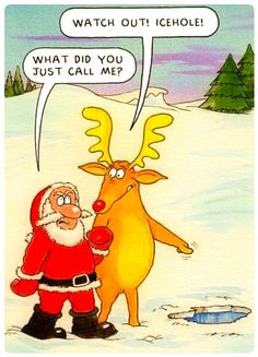 santa claus is talking to a reindeer in the snow with a speech bubble that says, watch out icehole what did you just call me?