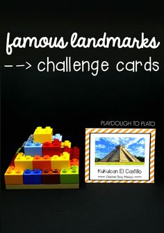 a blackboard with the words famous landmarks and legos next to it is a sign that reads famous landmarks challenge cards