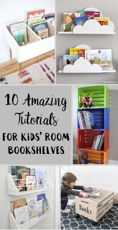 some bookshelves with children's books on them and the words 10 amazing kids'room bookshelves