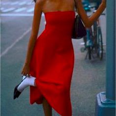 Red Strapless Anthropologie Midi Dress In Size Large Decollete Red Dress, Red Feminine Aesthetic, Midi Dress Heels, Casual Red Dress, Fancy Red Dress, Red Dress Casual, Red Summer Dress, Red Strapless Dress, Midi Sweater Dress