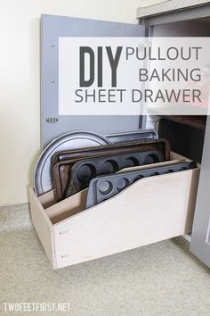 the diy pullout baking sheet drawer is open