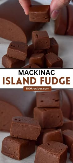 chocolate fudges are stacked on top of each other with the words macknacc island fudge above them