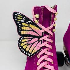 "Shoe wings fit on any lace up shoes, Boots, or even Skates. They will fit on both kids and adult sizes. You will receive 1 pair: One for the left shoe, one for the right shoe. This listing is for pink sparkly wings with yellow embroidery. Please message me if you want something customized just for you. skates are not included. This listing is for skate wings only PLEASE BE ADVISED THAT DUE TO THE HIGH DEMAND OF ALL THE SKATE WINGS IN MY SHOP, THERE MAY BE A LONG WAIT TO RECEIVE THEM IN THE MAIL Shoe Wings, Costume Wings, Butterfly Shoes, Roller Skaters, Rainbow Shoes, Roller Girl, Wing Shoes, Wings Costume, Pink Sparkly