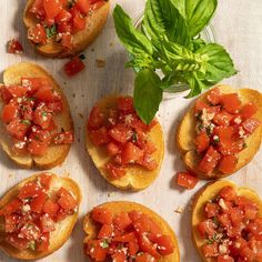 several pieces of bread topped with tomatoes and basil