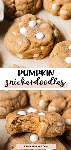 pumpkin snickkerboodle cookies with white chocolate chips on top and in the middle