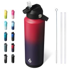 thermos bottle with straws is next to several different colors