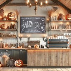 the salem brew is decorated for halloween with pumpkins