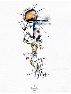 a drawing of two faces with the words work done in ink and watercolor on paper