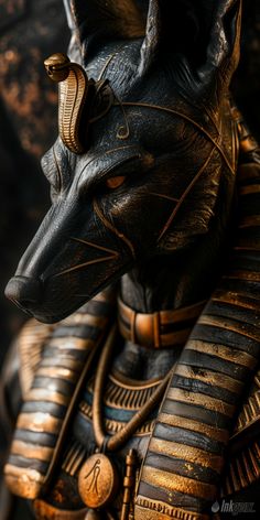 a statue of an egyptian pharaoh with a snake wrapped around his neck is shown in gold and black