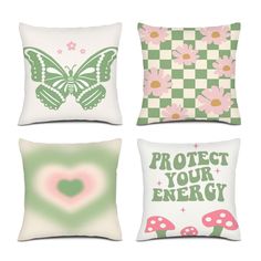 four pillows with different designs on them and the words protect your energy written in green