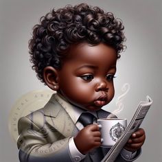 a painting of a baby in a suit holding a coffee cup and reading a newspaper