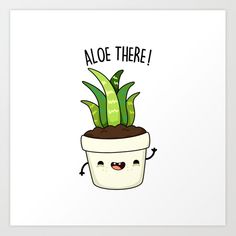 a cartoon potted plant with the words aloe there on it's face