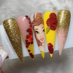 Bell Nails Princess, Beauty And Beast Nails Art Ideas, Disney Nail Art Ideas, Princess Nails Disney, Merida Nails, Beauty And The Beast Nails Acrylic, Beauty And The Beast Nails Designs, Nails Beauty And The Beast, Belle Nails Disney