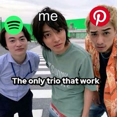 three young men standing next to each other with the words me on their foreheads