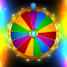 a brightly colored wheel of fortune on a black background with rainbow lights and sparkles