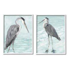 two paintings of birds standing in the water