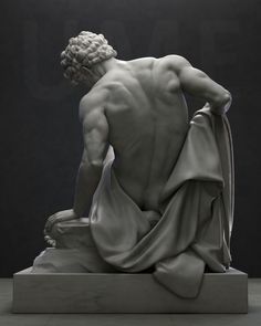 a statue of a man with his back turned to the side, sitting in front of a black background