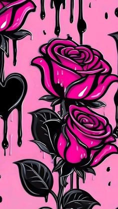 pink roses with black hearts and dripping paint