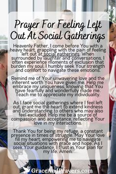 a group of people standing around each other with the words prayer for feeling left out at social gatherings