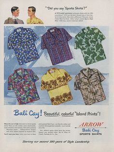 1950s Vintage Ad for Men's Island Print Sports Shirts. Very cool Tiki Style Inspiration. #1950s #1950sfashion #Menswear #Tropical #MensShirt #TikiStyle 50s Clothing, 1950s Mens Fashion, Vintage Menswear, 1950s Mens, Mens Printed Shirts, Mens Fashion Illustration, Vintage Aloha, Vintage Tiki, Vintage Swim