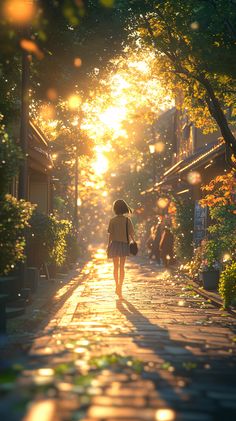 a woman walking down a street with the sun shining through her trees in the background