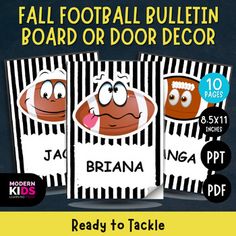 the book cover for fall football bulletin board or door decor is in black and white stripes