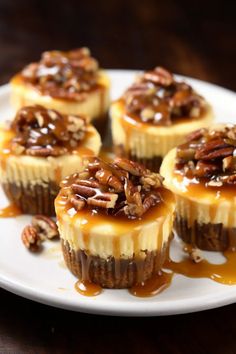 small desserts with pecans and caramel drizzle on a plate