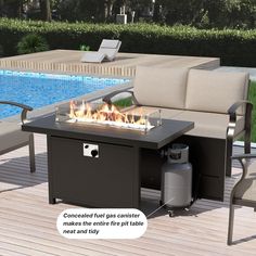 an outdoor fire pit sitting on top of a wooden deck next to a swimming pool